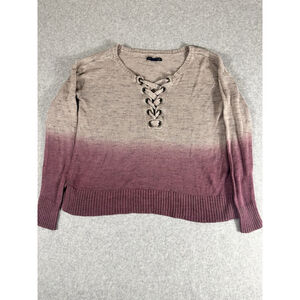 American Eagle Lace Up Sweater XS Ombre Knit V Neck Mauve Beige
